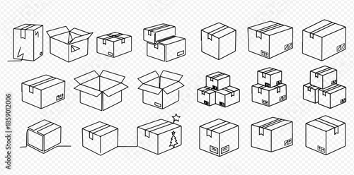 Set of various cardboard box icons in a hand-drawn style, perfect for delivery and packaging concepts.