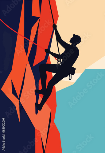Silhouette of climber ascending a stylized rock face with vibrant geometric shapes