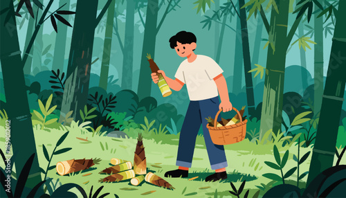 A person harvests bamboo shoots in a lush forest