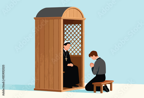 Clergy member inside booth listens to person confessing
