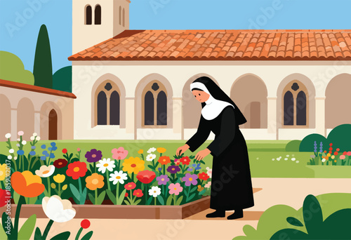 Nun tending vibrant flower garden beside monastery
