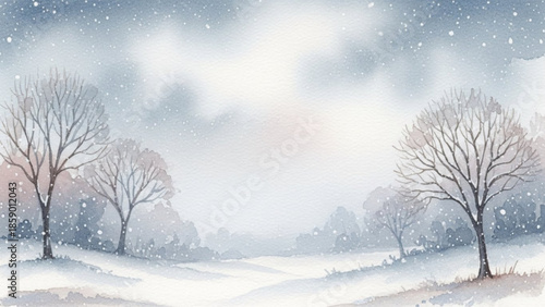 A serene winter landscape with snow-covered trees and a cloudy sky viewed from a distance