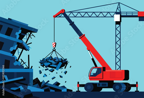 A crane demolishes a building, with debris falling