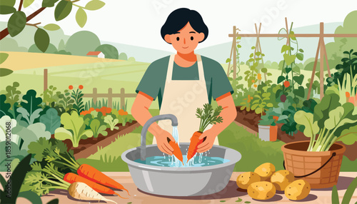 Person washing carrots in a garden