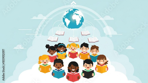 Diverse group of children reading together on a cloud with the Earth floating above them
