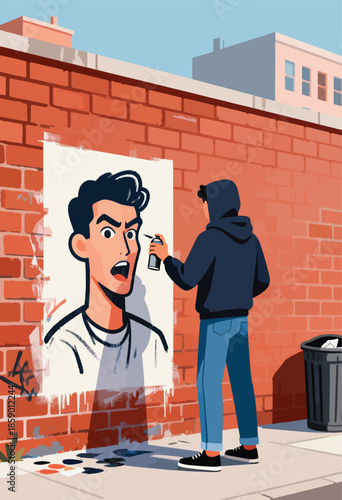 A person spray-paints a large portrait on a brick wall
