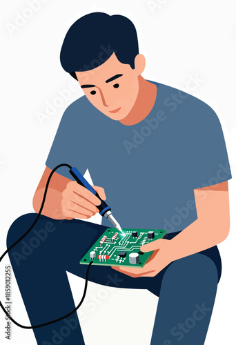 A focused individual meticulously solders components onto a green circuit board