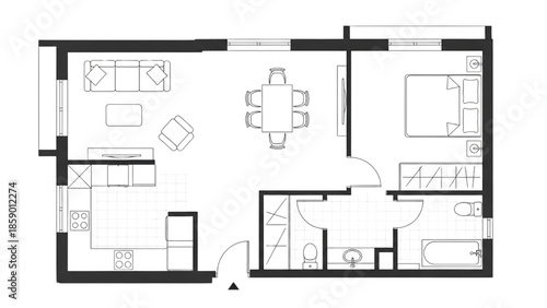 High-Quality Black Continuous Line Art of Guest House and Airbnb Rental Floor Plan