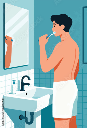 Young man with dark hair brushing teeth in front of a tiled wall and sink mirror