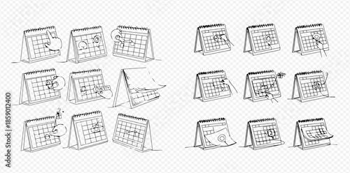 Set of hand-drawn calendar icons with various interactions, including marking dates, turning pages, and setting reminders.