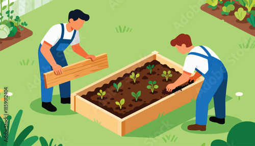 Two people build a garden bed, planting seedlings in rich soil