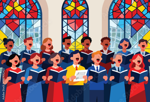 Diverse group sings joyfully with books open before colorful stained-glass windows