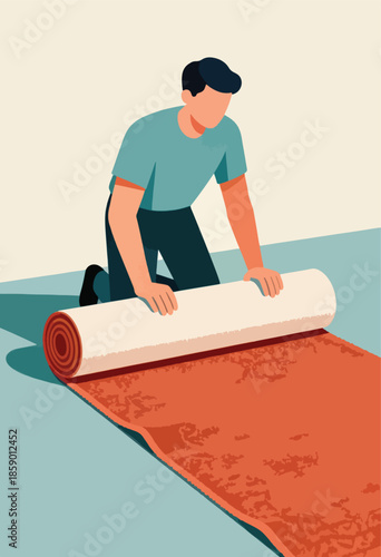 Person unrolling a large textured rug onto a light blue floor
