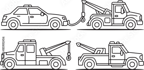 Line art illustrations of various tow trucks and a car being towed