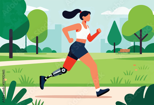 Woman with prosthetic leg running through park