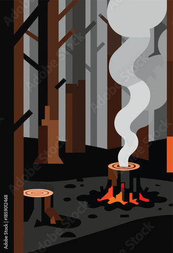 A forest scene shows cut tree stumps and smoke rising from a burning one
