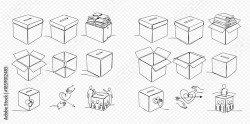 Continuous line drawing of various donation and charity related boxes and elements, including open and closed boxes, money, and hearts.