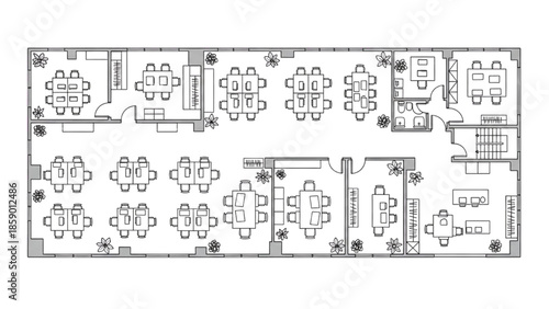High-Quality Black Continuous Line Art of Coworking Office Floor Plan with Hot Desks and Meeting Rooms