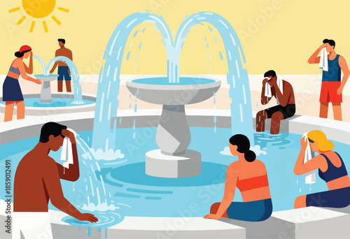 People cool off at a sunny fountain, seeking relief from heat