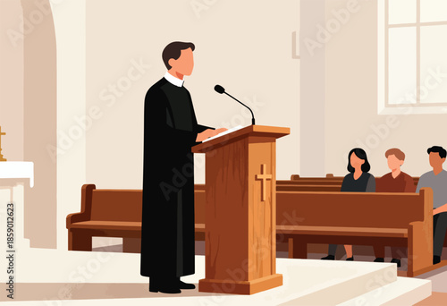 A religious leader speaks from a podium to a congregation in a church