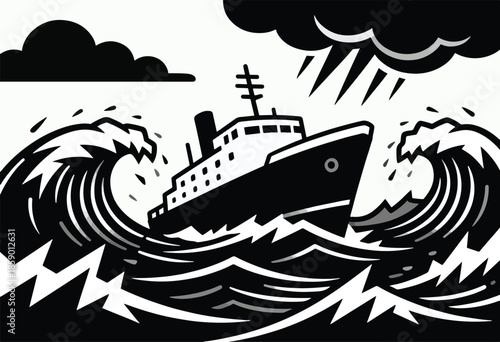 Ship navigates rough seas with stormy clouds and massive waves