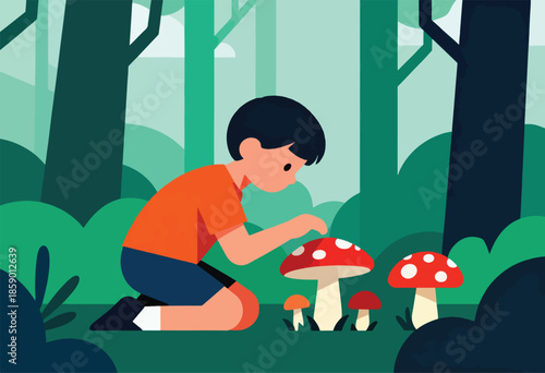 A child kneels in a lush forest, fascinated by a cluster of bright red mushrooms