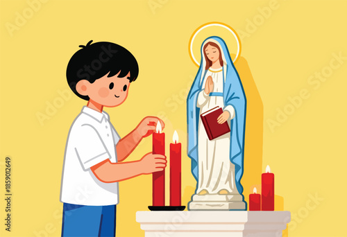 Boy lighting candles before a statue of a praying figure on a yellow background