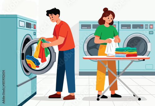 Couple doing laundry together one loading washer, other ironing clothes