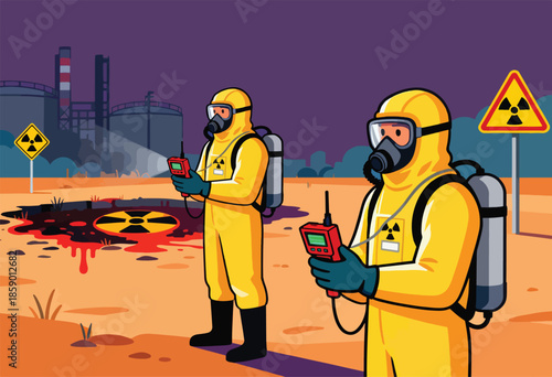 Two individuals in yellow hazmat suits inspect a hazardous spill with radiation symbols