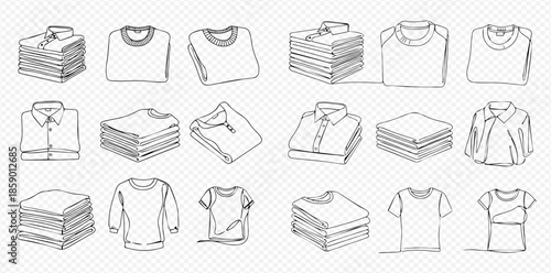 Set of hand-drawn sketches of various folded and unfolded clothing items including shirts and sweaters.