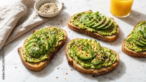 avocado toast slices with seasoning on white marble background for a healthy breakfast food scene