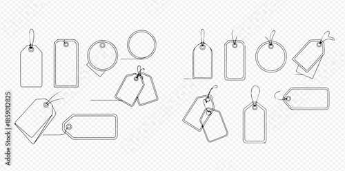 Set of blank price tags or sale labels with strings in various shapes.