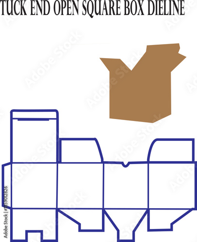 Tuck end open square box dieline template for cardboard product packaging and retail display design