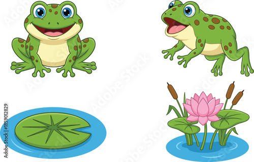 Cartoon frog illustration set, cute amphibian character, lily pad pond elements, nature wildlife design, colorful vector, isolated on white background