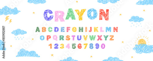 English alphabet crayon. Fun and creative typescript font. Chalk or wax texture. Vector illustration.