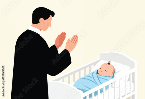 Man with hands clasped in prayer over a sleeping infant in a crib