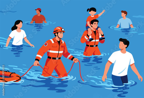 Rescuers in orange suits assist people in floodwaters with a life preserver