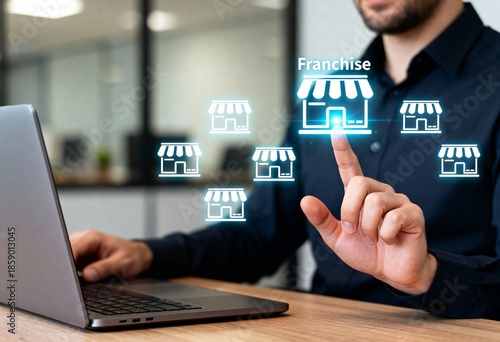 Franchise Business Expansion Concept with Holographic Store Icons Emerging from Laptop Screen