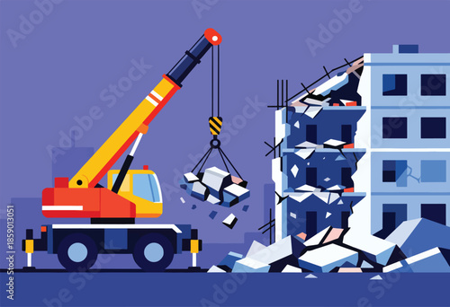 Colorful crane dismantles a damaged building, lifting debris