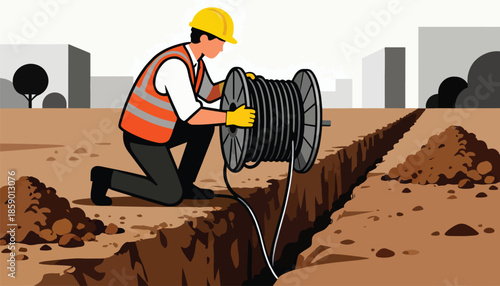 Worker installing cable in trench near city buildings