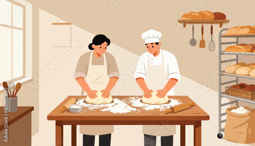 Two bakers knead dough on a table, with racks of bread nearby