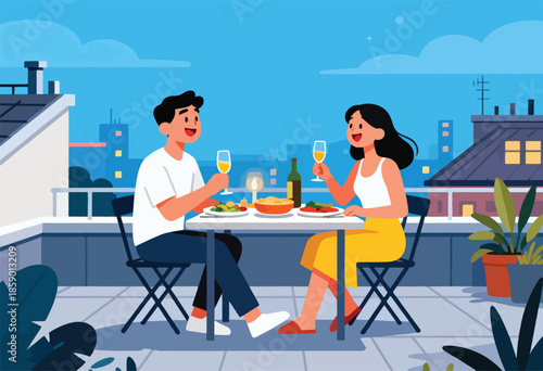 Couple enjoying dinner and drinks on a rooftop balcony with a city skyline at dusk