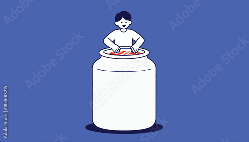 Person smiling and reaching into a large jar filled with food