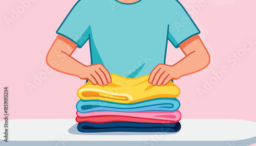 Person folding a stack of colorful clothes on a surface