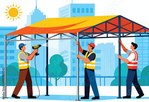 Workers assemble a tent structure under a sunny sky with city buildings