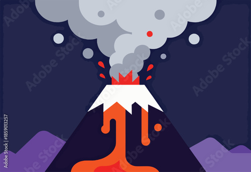 Stylized volcano erupting with lava and smoke against a dark sky