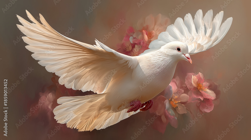 Fototapeta premium A white dove flies gracefully in front of pink flowers with its wings spread wide.