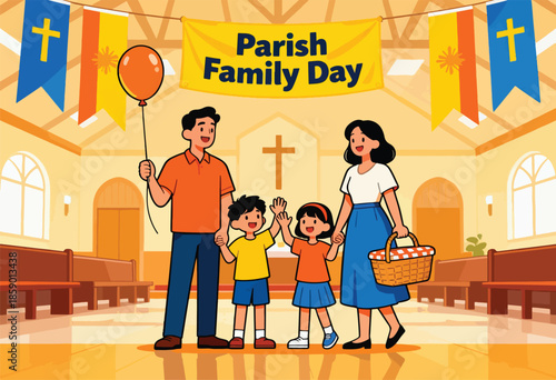 Joyful family celebrates Parish Family Day with balloons and picnic basket inside