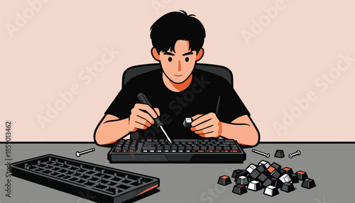 Person customizing mechanical keyboard with a screwdriver