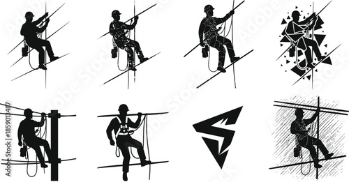 Linemen silhouette, utility pole work, electrical maintenance, safety gear, black vector, infrastructure job, climbing pose, power line, skilled worker, industrial scene